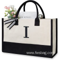 Personalized embroidery logo canvas beach bag tote Eco-friendly cotton customized Alphabet letter shopper shopping bag